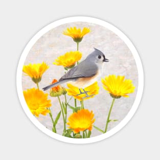 Tufted Titmouse Perched in a Marigold Flower Patch Magnet